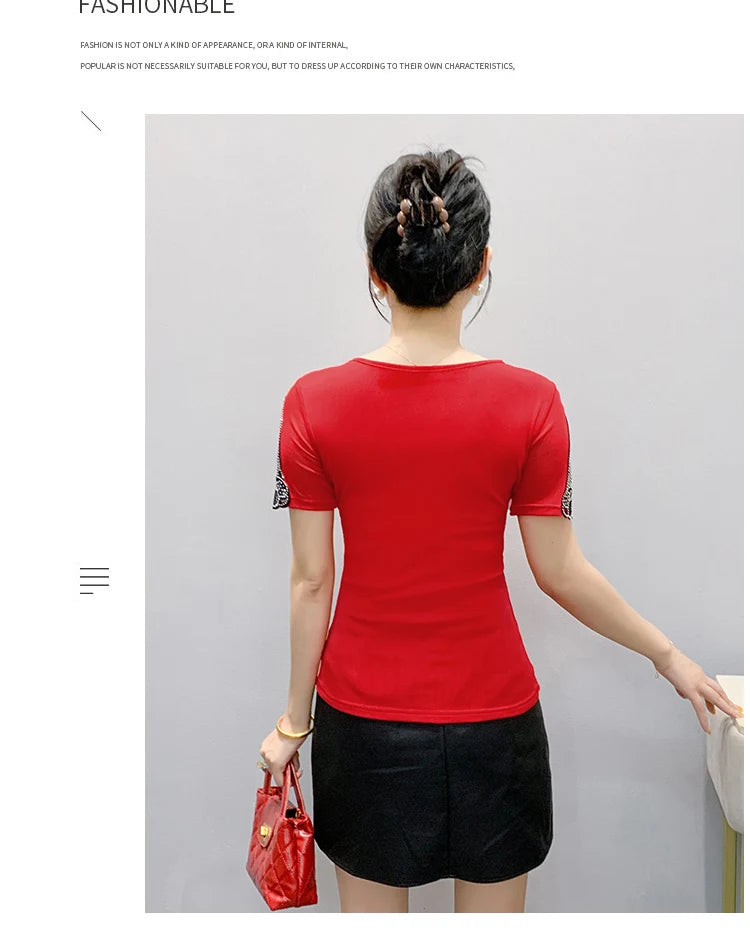 Fashion O-Collar Rhinestone Lace Patchwork Female Top Chic High Elasticity Soft Mesh Short Sleeve Temperament Women's T-Shirt