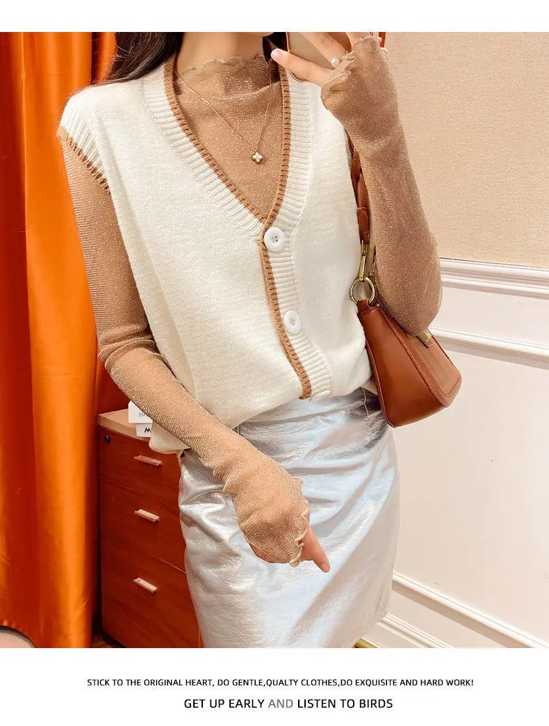 Sexy Women T Shirt See Through Transparent Mesh Tops Long Sleeve Sheer Slim Female Turtleneck Bright Silk T-Shirt Lace Crop Top
