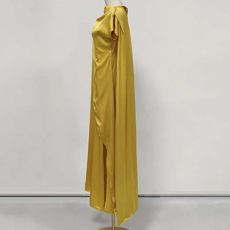 Women Casual Hight Waist Solid Color Satin Dress 2026 Fashion Draped Loose Long Dresses Elegant O-neck Asymmetrical Sleeve Gowns