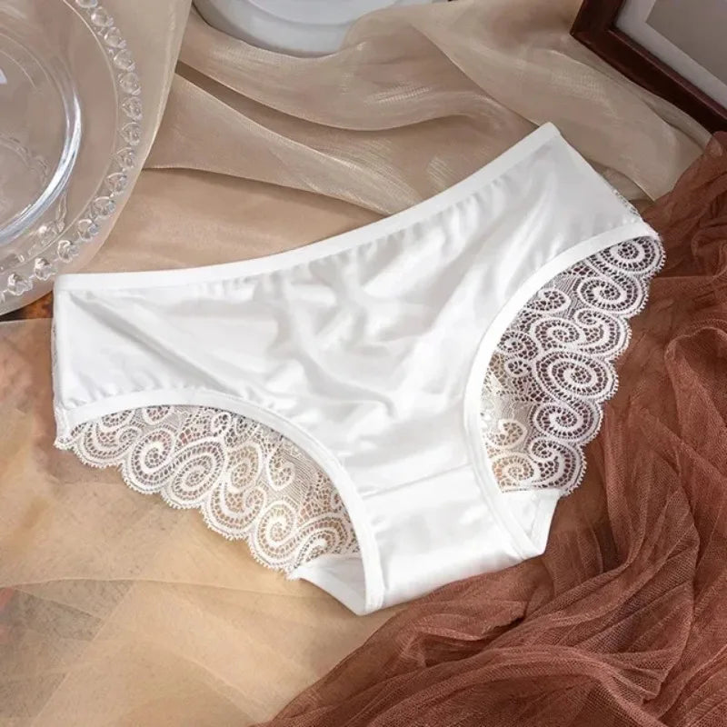 Women's Panties Silk Satin Underwear Lace Sexy Lingerie Breathable Mid Waist Female Briefs Comfortable Panty Underpants