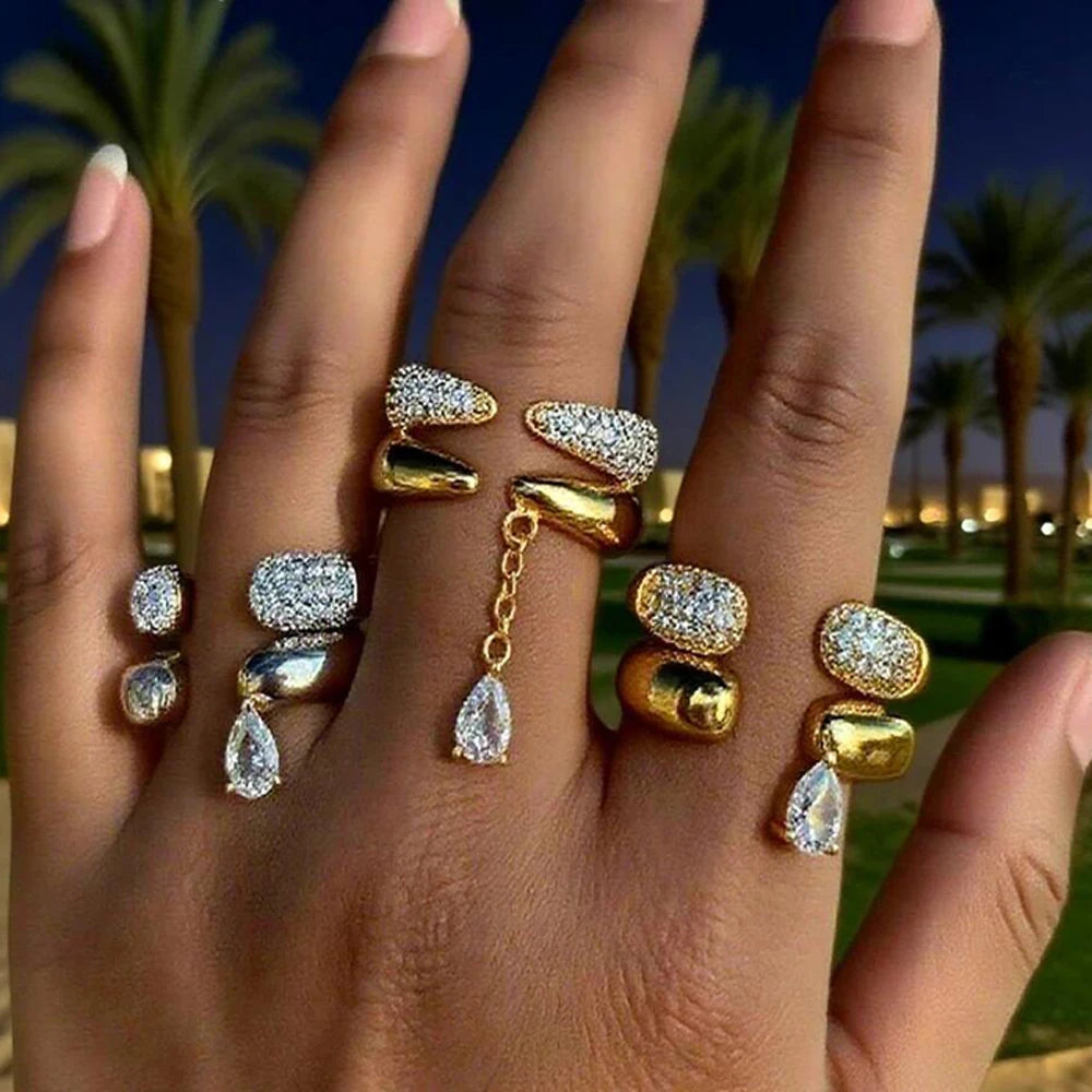 2026 New Arrivals Stacking Open Finger Rings Pave Bling Water Drop Cubic Zirconia For Women Fashion Geometric Jewelry