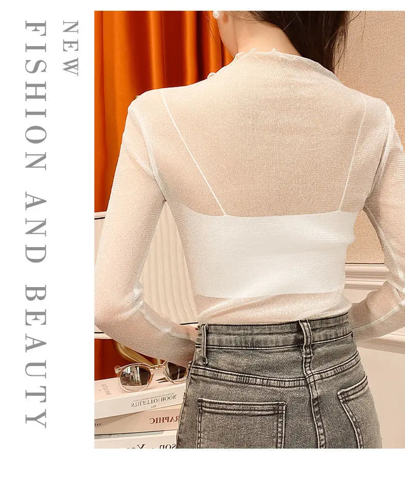 Sexy Women T Shirt See Through Transparent Mesh Tops Long Sleeve Sheer Slim Female Turtleneck Bright Silk T-Shirt Lace Crop Top