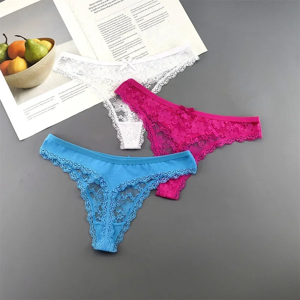 S M L XL XXL Plus Size Sexy Cozy Lace Cotton Thongs Underwear Lingerie for Women Seamless T-back Ladies Transparent G-string 3PC