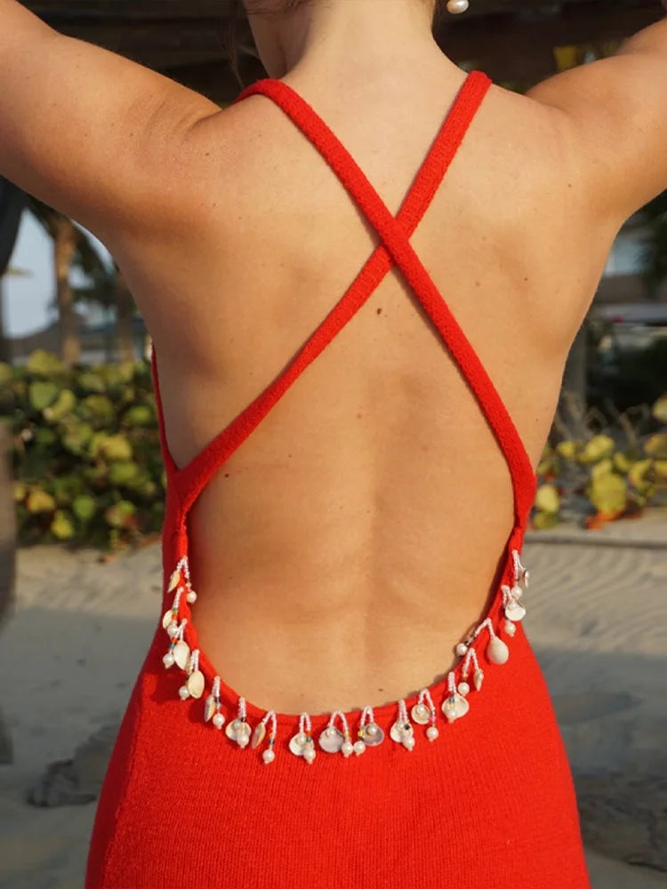Women's Shell Chain Halter Maxi Dress Deep V Neck Sleeveless Backless Bodycon Dresses Casual Vacation Party Beach Fashion Gown