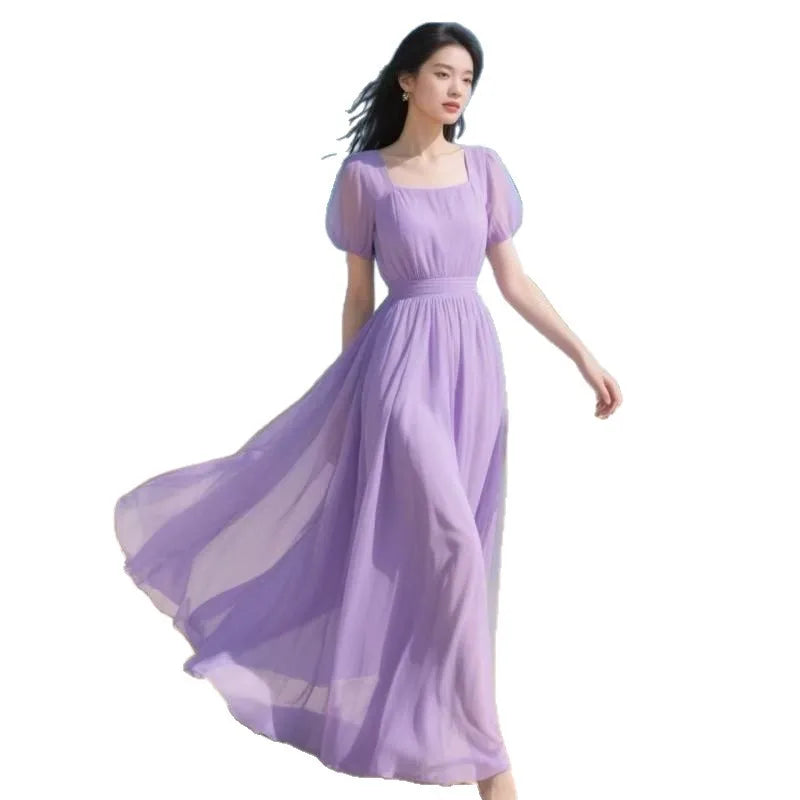 2026 Women Summer Dress New Fashion Bohemian French Chiffon Beach Dresses Ladies Solid Color Long Dress Female Vestidos Clothing