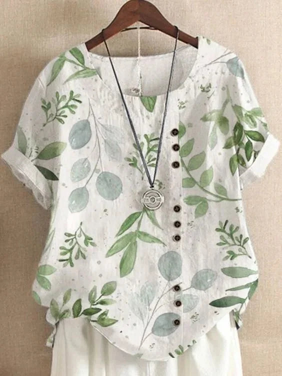 2025 Summer retro fashion printed loose casual shirt top, suitable for casual or vacation ladies' beachwear