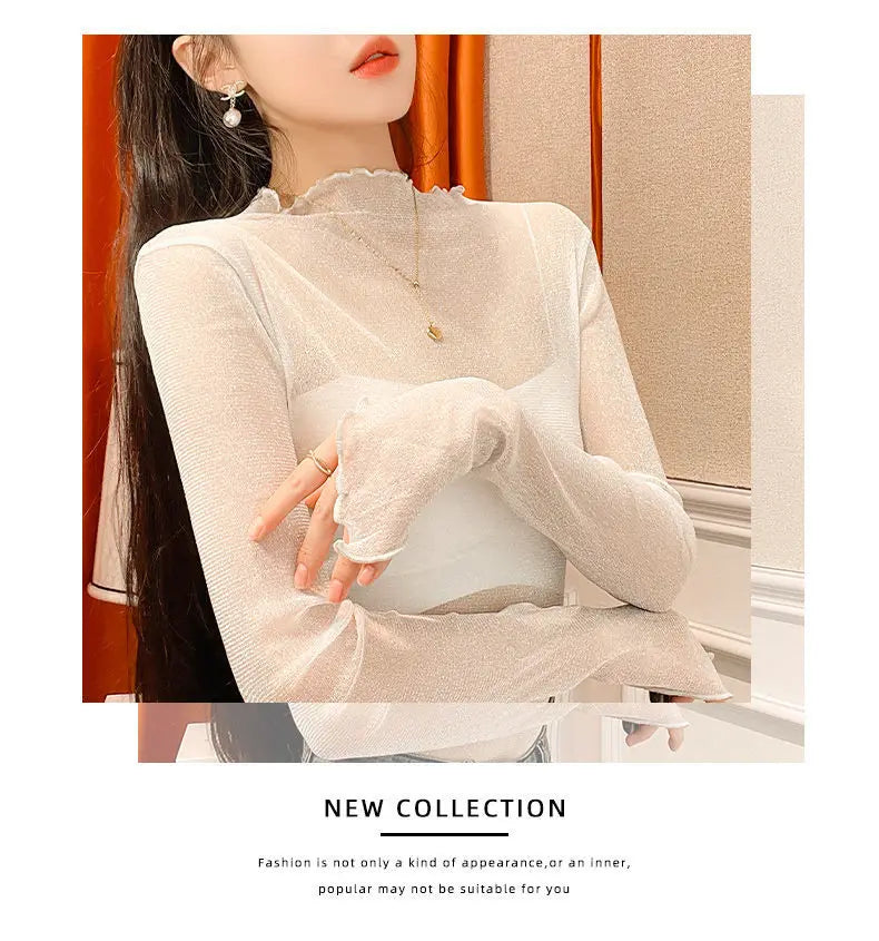 Sexy Women T Shirt See Through Transparent Mesh Tops Long Sleeve Sheer Slim Female Turtleneck Bright Silk T-Shirt Lace Crop Top