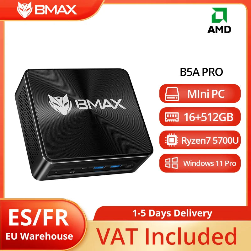 BMAX B5APRO MINI PC AMD Ryzen7 5700U AMD Radeon Graphics 16GB DDR4 512GB SSD Windows 11 Dual Band WiFi Bluetooth 5.2