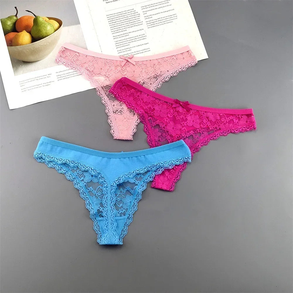 S M L XL XXL Plus Size Sexy Cozy Lace Cotton Thongs Underwear Lingerie for Women Seamless T-back Ladies Transparent G-string 3PC