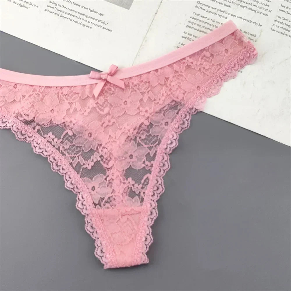 S M L XL XXL Plus Size Sexy Cozy Lace Cotton Thongs Underwear Lingerie for Women Seamless T-back Ladies Transparent G-string 3PC