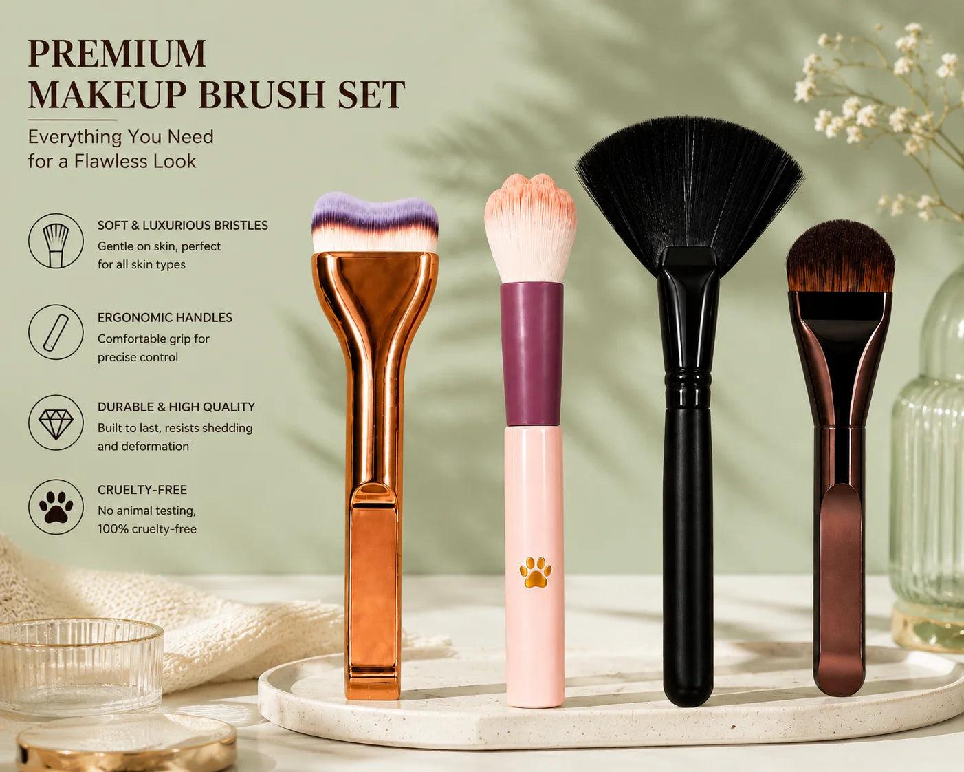 4-Piece Bestselling Makeup Brush Set: Professional Liquid Foundation Brush, Cat Paw Blush Brush, Oversized Fan Brush & Ultra-Thi