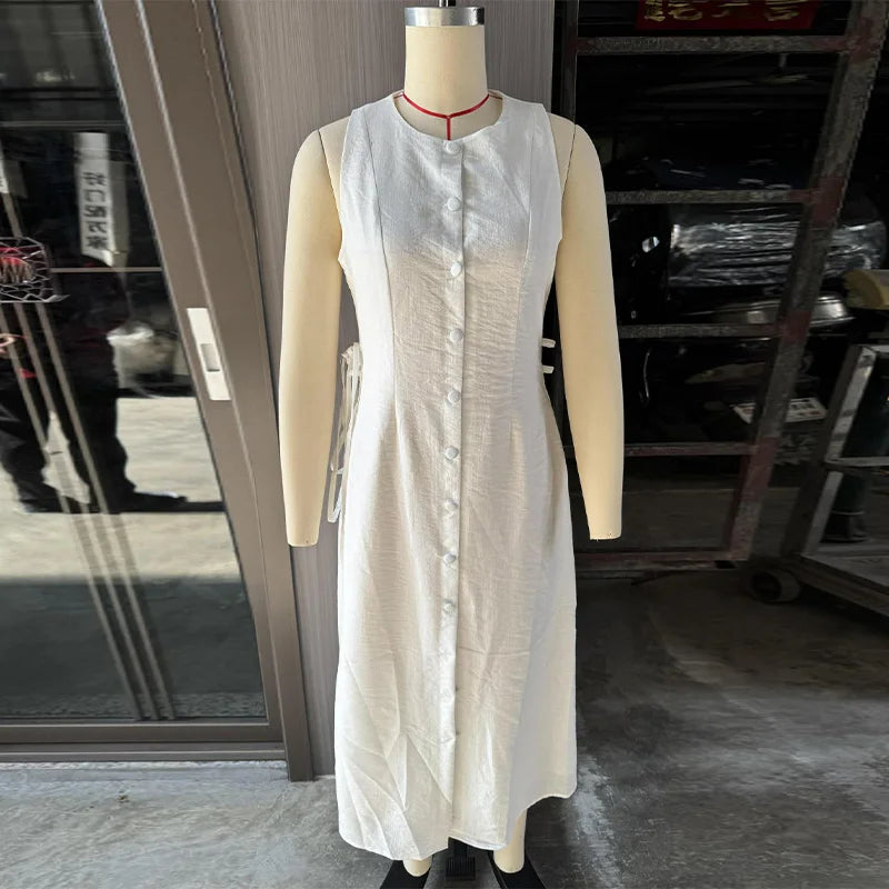 Elegant Hallow Out Long Dress Women Lantern Sleeve Deep V-neck Single Breasted Loose Dresses 2025 Fashion Solid Office Robe Lady