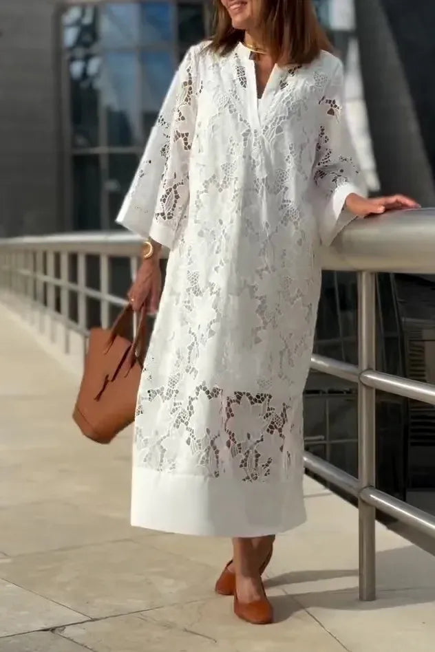 Women's Elegant Fashion Lace Dress White 2025 Spring Summer New Loose V-neck Seven-Point Sleeve Hollowed out Dresses Office Lady