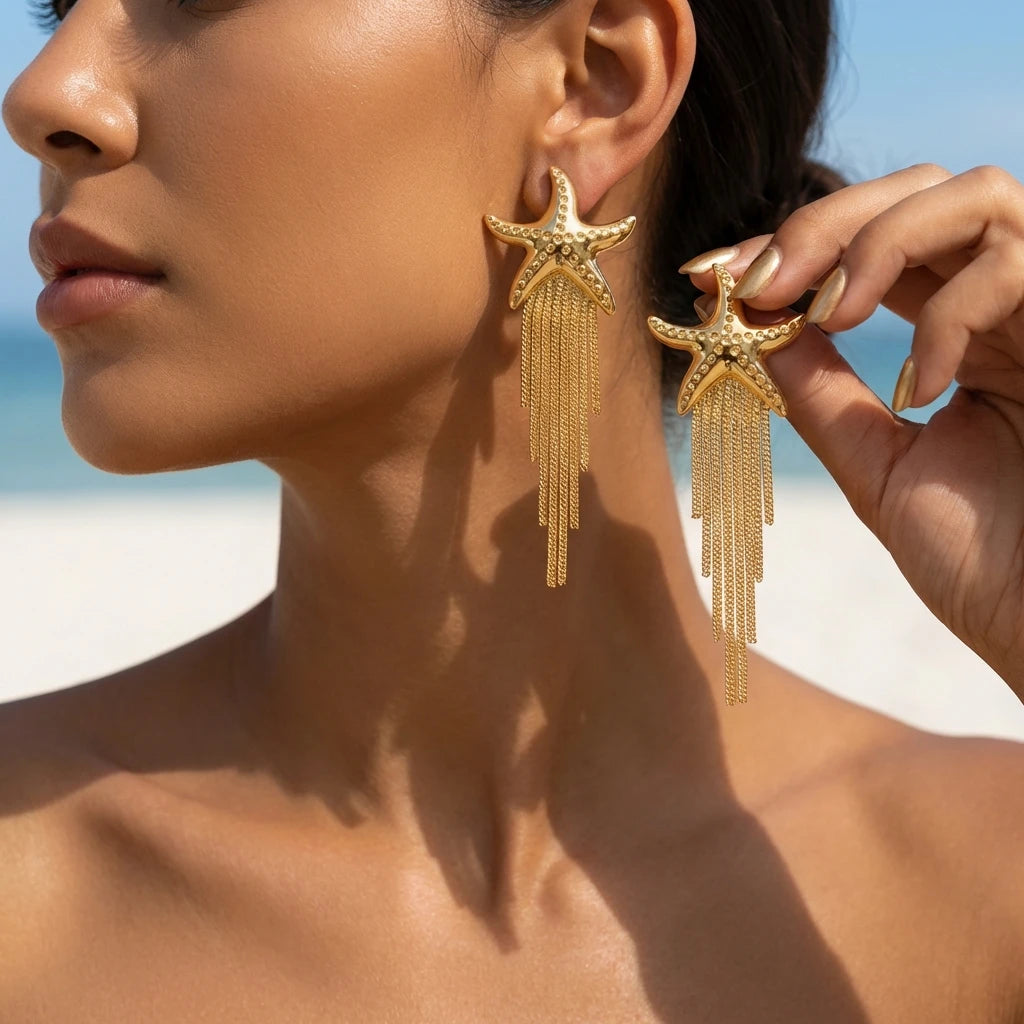 Bohemia Gold Color Metal Starfish Long Tassel Drop Earrings For Women Crystal Zircon Conch Shell Scallops Earring Beach Jewelry