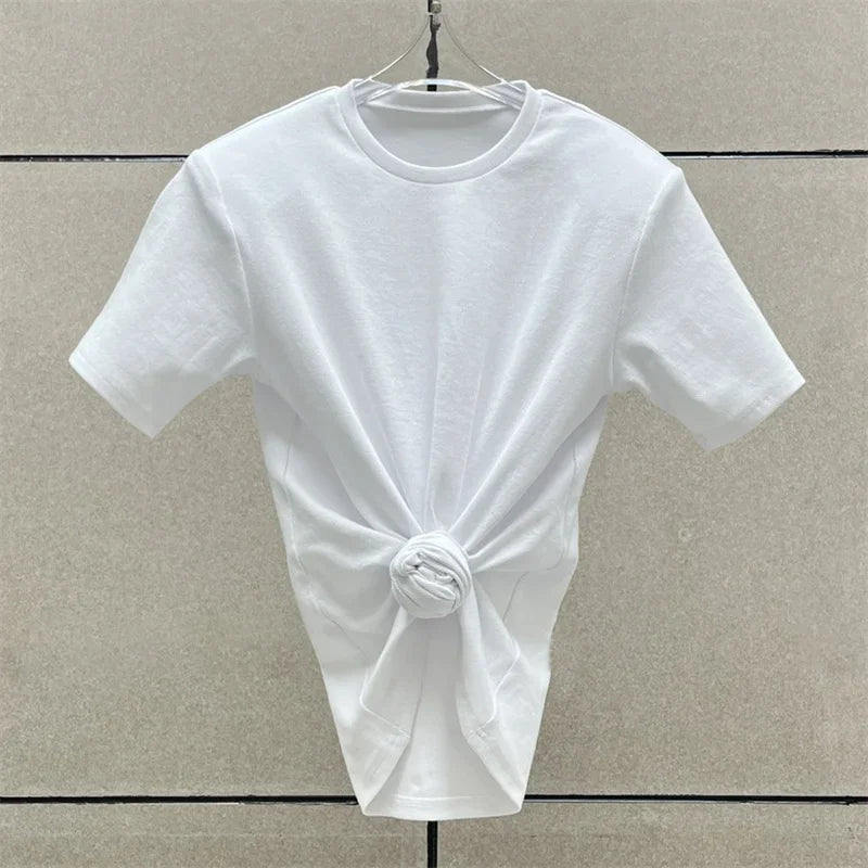 Women's t-shirt 2025 summer new shoulder padded slim fit short sleeved top pure cotton round neck pullover y2k Crop top corset