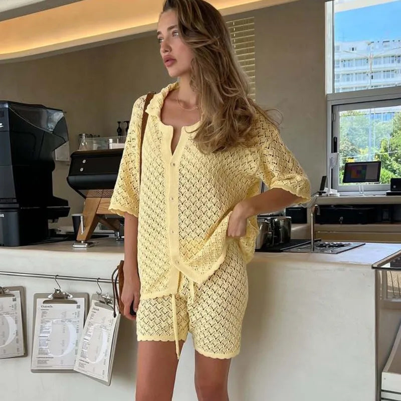 Tuularose Summer Knit Shorts Set New Knit Cardigan Top Casual Shorts Set Beach Vacation Bikini Cover Up Women Shorts Set Outfits