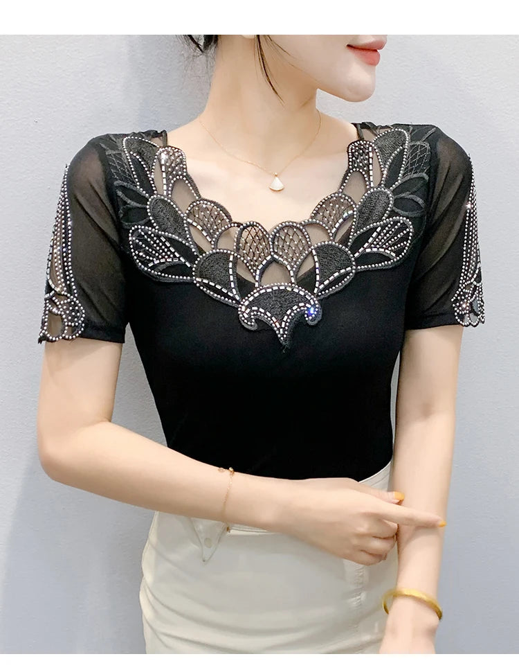 Fashion O-Collar Rhinestone Lace Patchwork Female Top Chic High Elasticity Soft Mesh Short Sleeve Temperament Women's T-Shirt