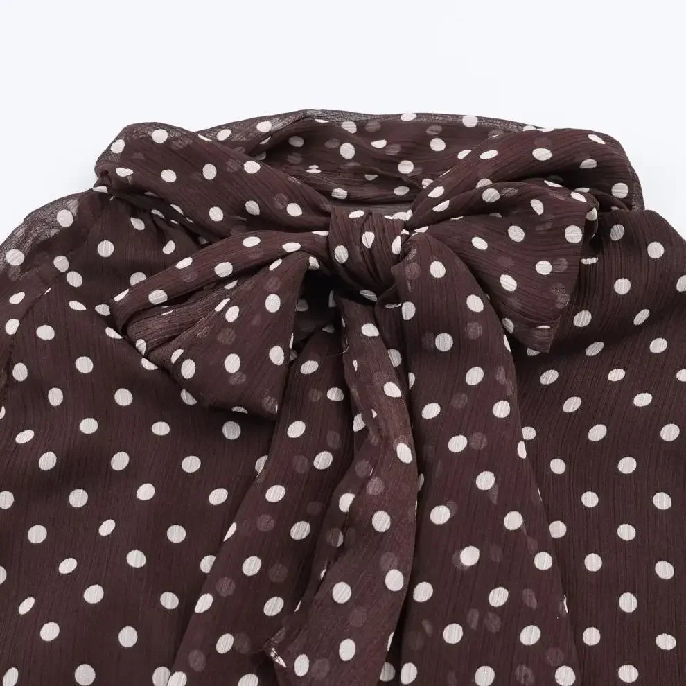 Polka Dot Lace Up Bow Shirt Women Casual Long Lantern Retro Sleeve Pleated Loose Blouse Lady 2026 Spring Commute Office Outwears