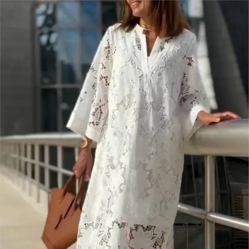 Women's Elegant Fashion Lace Dress White 2025 Spring Summer New Loose V-neck Seven-Point Sleeve Hollowed out Dresses Office Lady
