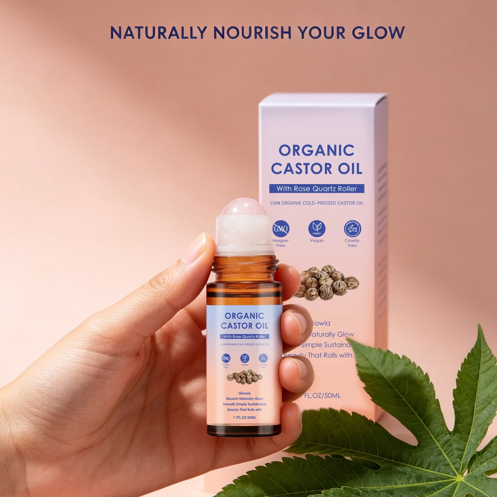 Organic Castor Oil Rose Quartz Roller Ball Moisturizing Skin Barrier Deep Repair Soothing Skin Cold-Pressed Natural Castor Oil