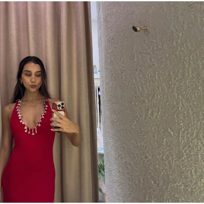 Women's Shell Chain Halter Maxi Dress Deep V Neck Sleeveless Backless Bodycon Dresses Casual Vacation Party Beach Fashion Gown