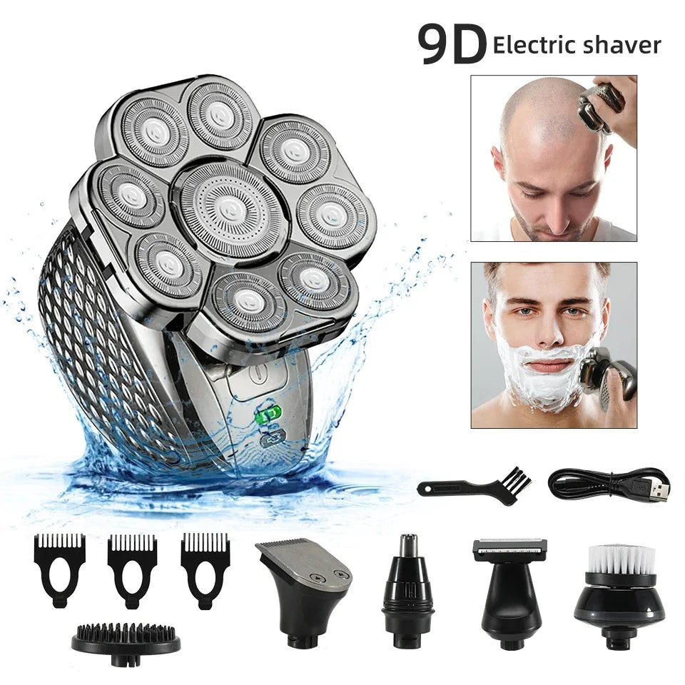 6 in 1 Professional men Waterproof electric shaver with 9 Cutter Floating Head, USB Rechargeable Multifunction Grooming Kit