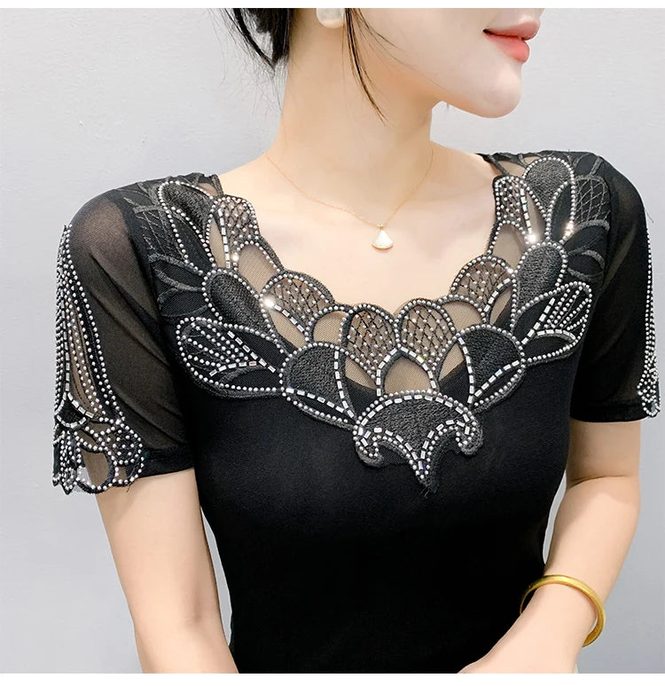 Fashion O-Collar Rhinestone Lace Patchwork Female Top Chic High Elasticity Soft Mesh Short Sleeve Temperament Women's T-Shirt