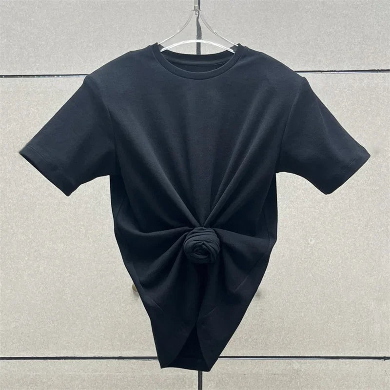 Women's t-shirt 2025 summer new shoulder padded slim fit short sleeved top pure cotton round neck pullover y2k Crop top corset