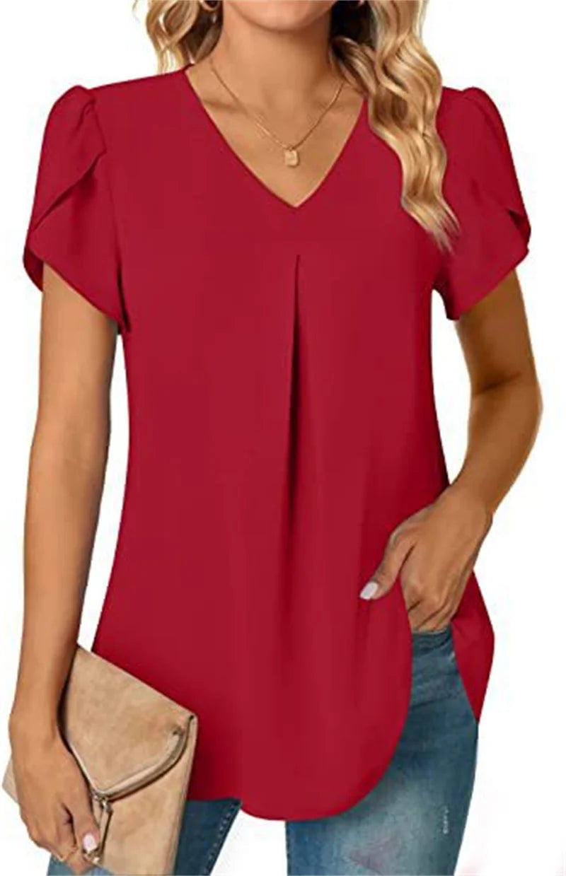 Women V Neck Splice Lace Decoration Pullover Shirt Elegant Botanical Flowers Prints Female Blouse Summer Casual Short Sleeve Top