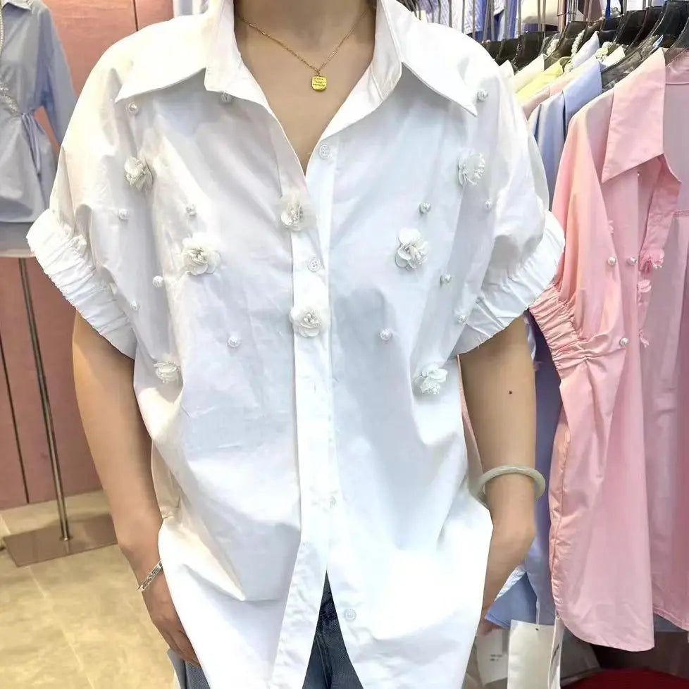 2025 Summer Trend New Cotton Blouses Shirts For Women Long Sleeve Loose Casual 3D Flowers Beaded Shirts Tops Camisas De Mujer