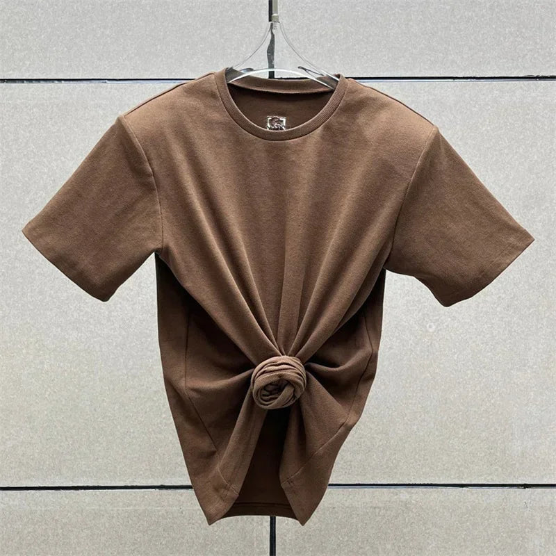 Women's t-shirt 2025 summer new shoulder padded slim fit short sleeved top pure cotton round neck pullover y2k Crop top corset