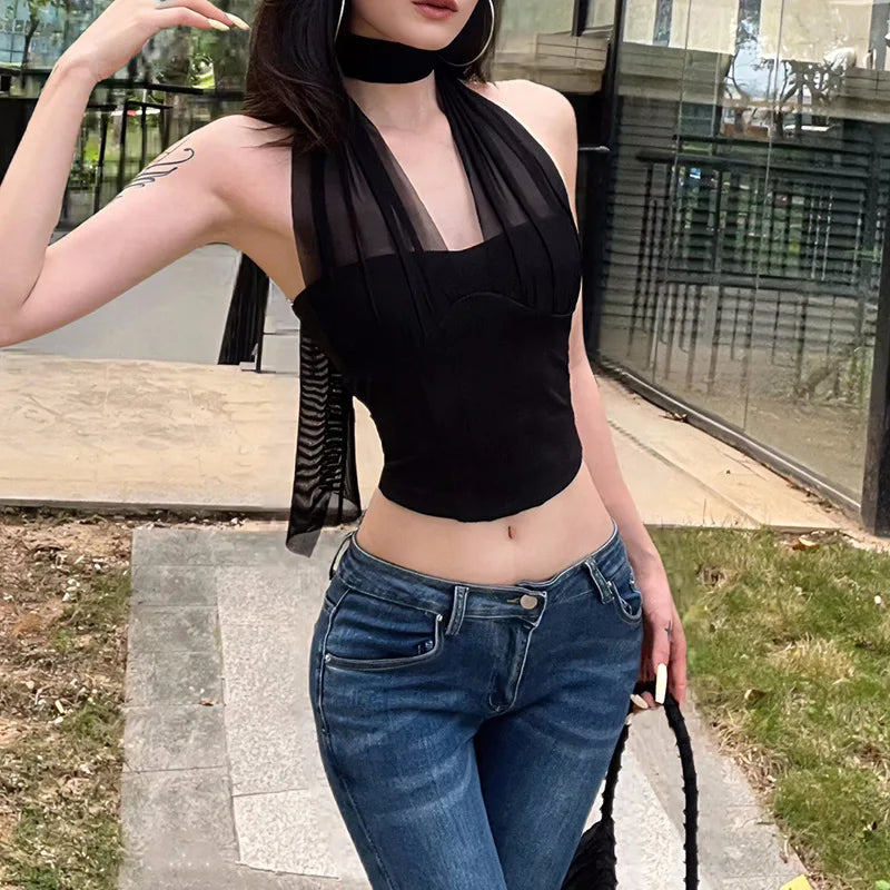 High Quality Hot Selling Wholesale 2025 New Women's Clothing Sexy Mesh Hanging Neck Imitation Fish Bone Exposed Navel Vest Women