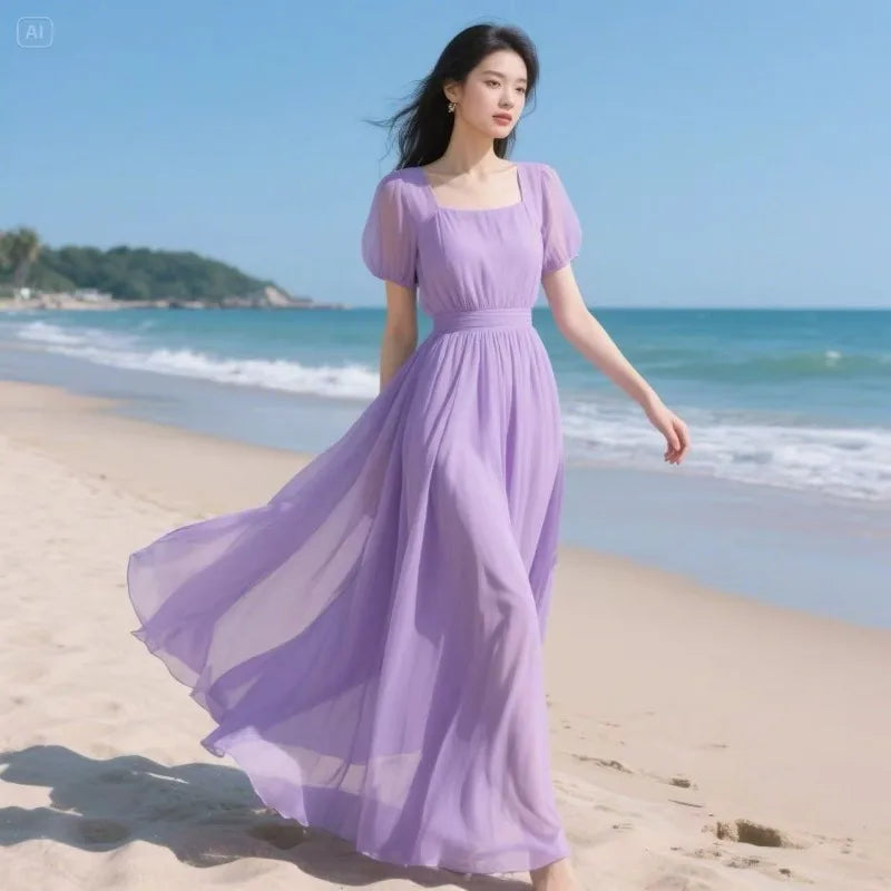 2026 Women Summer Dress New Fashion Bohemian French Chiffon Beach Dresses Ladies Solid Color Long Dress Female Vestidos Clothing