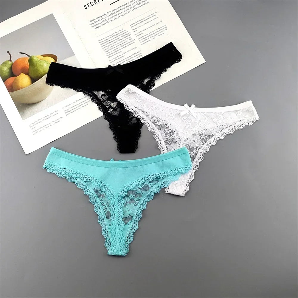 S M L XL XXL Plus Size Sexy Cozy Lace Cotton Thongs Underwear Lingerie for Women Seamless T-back Ladies Transparent G-string 3PC