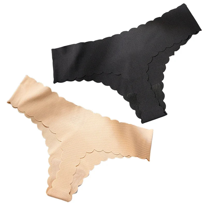 2PCS Seamless Thin-stripe Panties Ladies Low Rise T-back G-string Nude Half-covered Hip Lingerie Solid Cotton Ruffles Sexy Thong