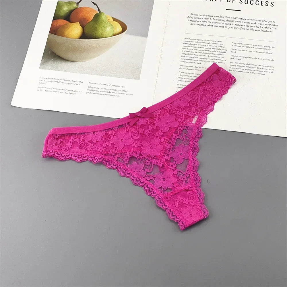 S M L XL XXL Plus Size Sexy Cozy Lace Cotton Thongs Underwear Lingerie for Women Seamless T-back Ladies Transparent G-string 3PC