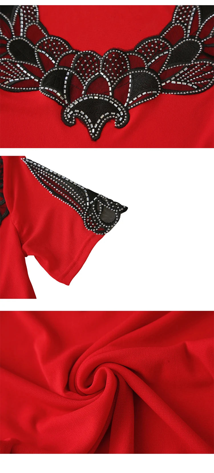 Fashion O-Collar Rhinestone Lace Patchwork Female Top Chic High Elasticity Soft Mesh Short Sleeve Temperament Women's T-Shirt