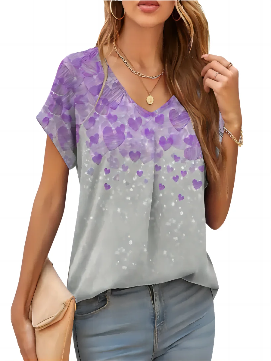 2026 New Summer Women T-shirt 3d Fashion Print Gradient Harajuku T Shirt Oversized Tee For Ladies Clothing New Short Sleeve V-Ne