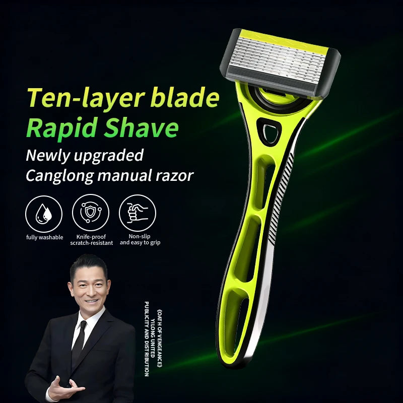 10 Layer Shaver Razor (1 Razor Holder + 4 Blades Head)Cassette Shaving Razor Set Green Body Face Hair Removal Knife for Gift Men