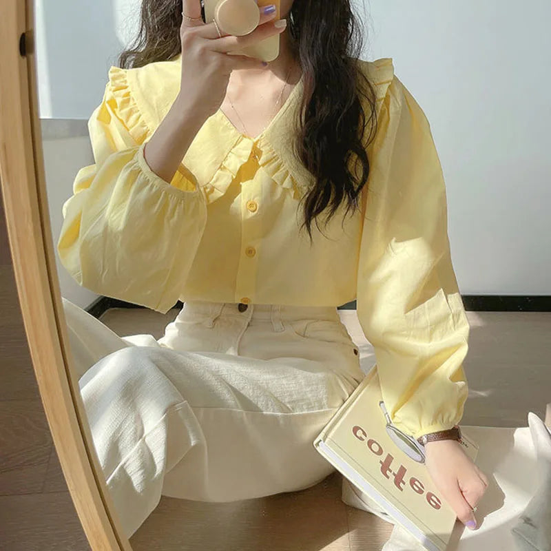 Solid Simple Blouse for Women Korean Chic Trendy Single-Breasted Ruffles Shirt Casual Sweet Big Turndown Collar Student Shirts