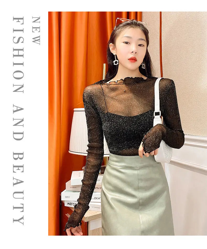 Sexy Women T Shirt See Through Transparent Mesh Tops Long Sleeve Sheer Slim Female Turtleneck Bright Silk T-Shirt Lace Crop Top