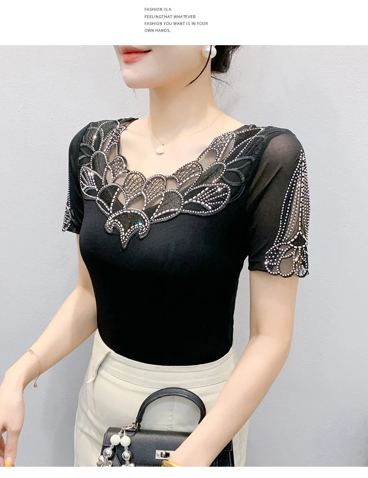 Fashion O-Collar Rhinestone Lace Patchwork Female Top Chic High Elasticity Soft Mesh Short Sleeve Temperament Women's T-Shirt