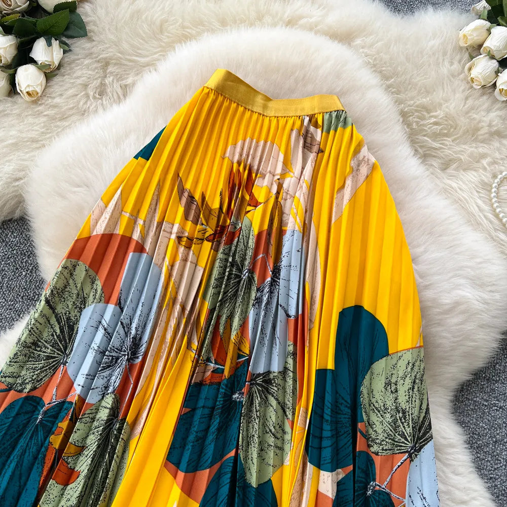 2026 New Summer Women Temperament Vintage All-match Skirt High Waist Printing Medium Length A-line Pleated Big Skirt Skirt