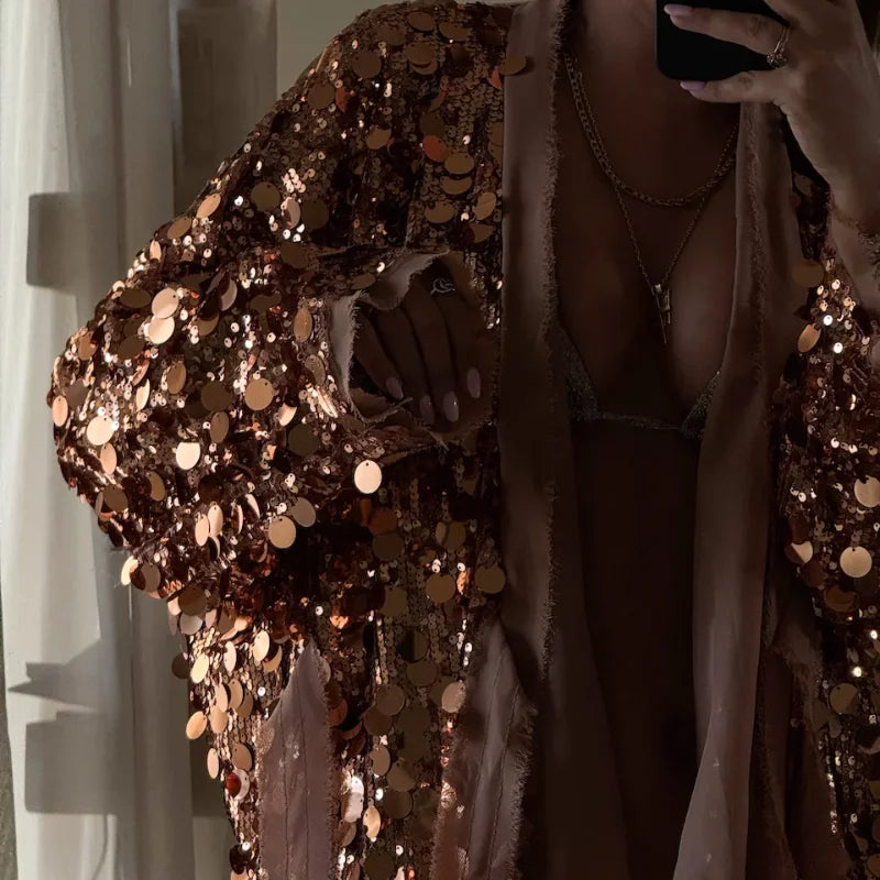 Fashion Sequins Short Jackets Women Gliter Lapel Long Sleeve Zipper Street Jacket Female 2026 Spring Lady Streetwear New