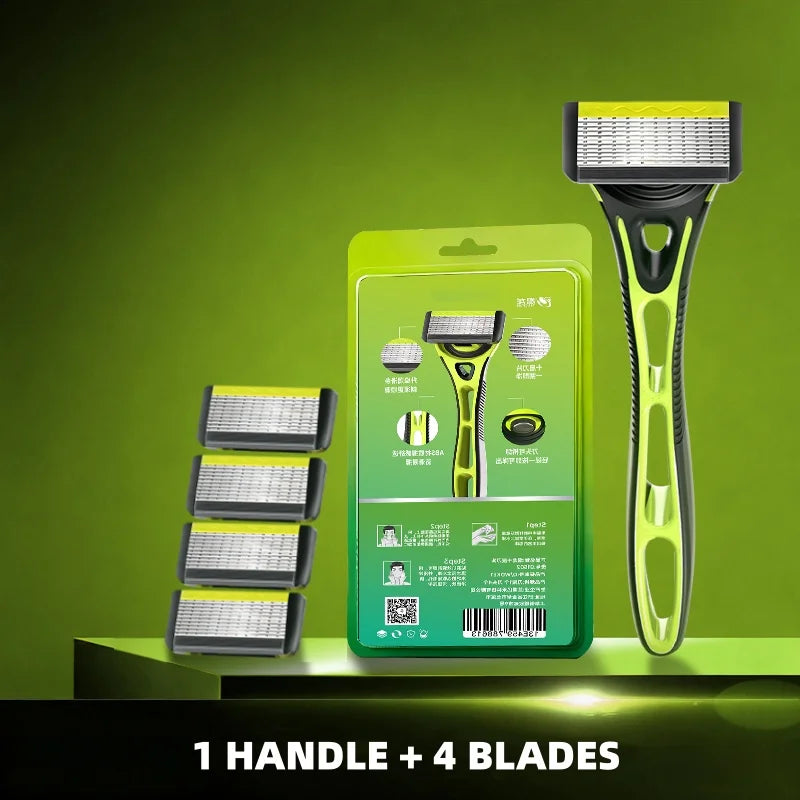 10 Layer Shaver Razor (1 Razor Holder + 4 Blades Head)Cassette Shaving Razor Set Green Body Face Hair Removal Knife for Gift Men