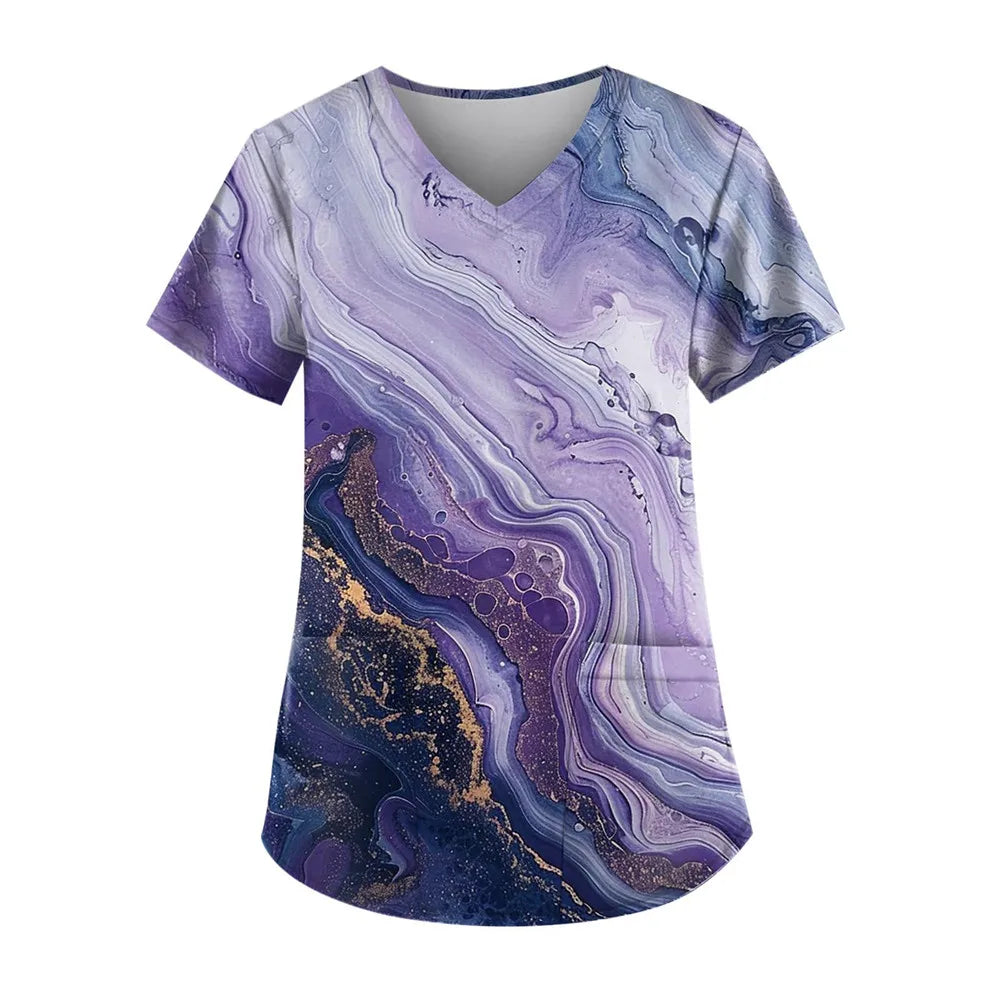 Gradient Printing Nurses Uniforms Women Fashion Short Sleeve V Neck Working Blouse Tops With Pockets Women's Medical Uniform