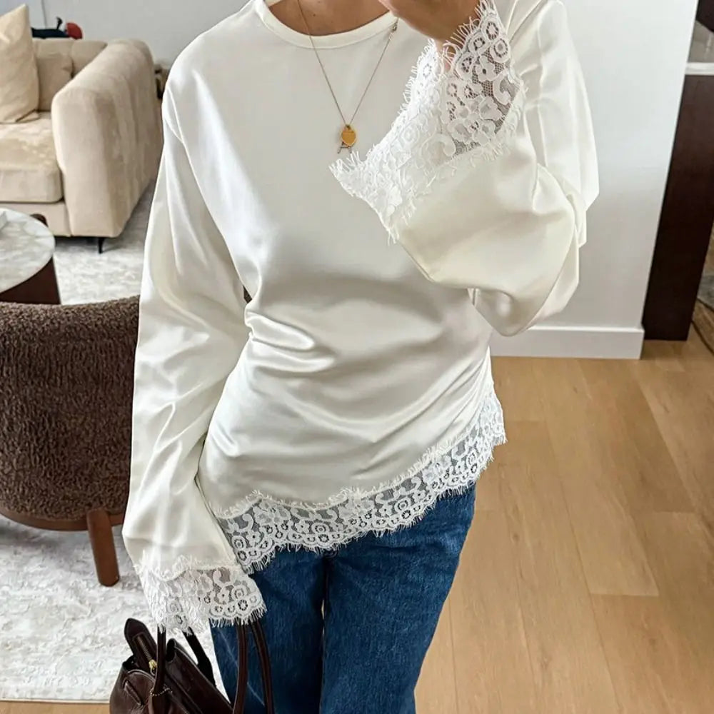 Belted Waist Lace Patchwork Top Flare Sleeve Solid Color Lace-up Top Asymmetrical Design Irregular Hemline Satin Blouse Spring