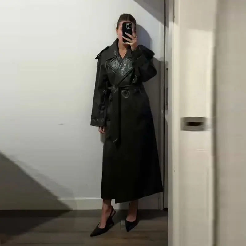 Street Pu Leather Women Long Coat Fashion Long Sleeve Button Belt Lapel Pocket Female Outwear 2025 Autumn Winter Lady Jacket New
