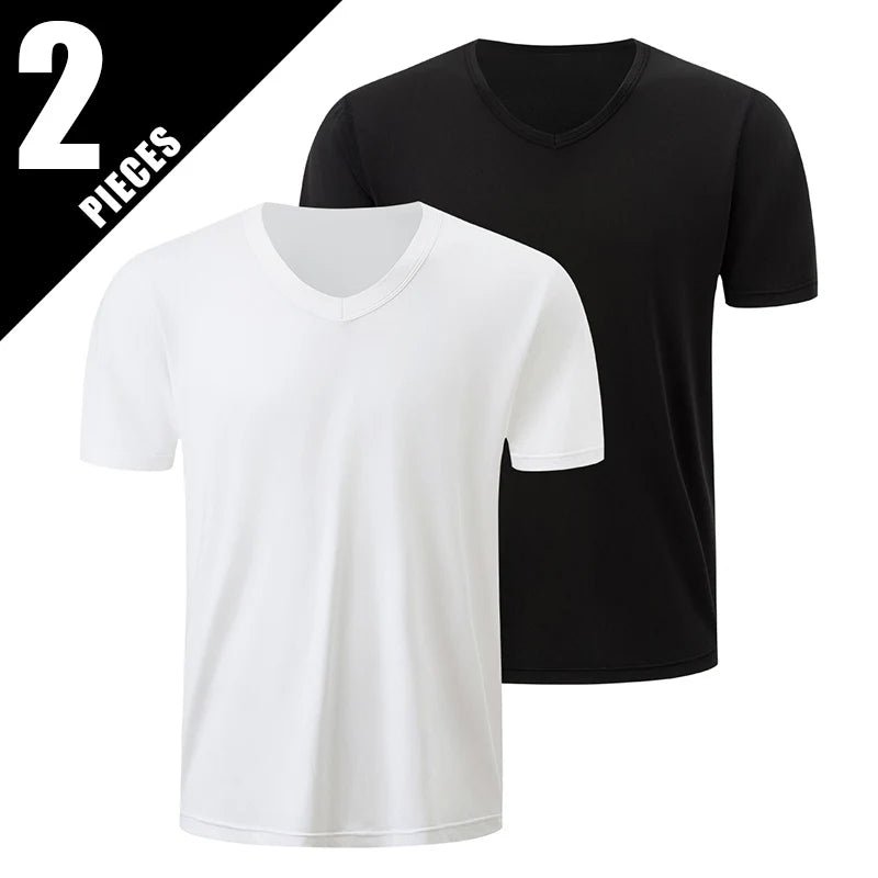 1/2/3 Pcs Men's Solid Color Casual Small White T Youth Loose Joker Classic V-neck Comfortable Short Sleeve Simple Fashion T-shir
