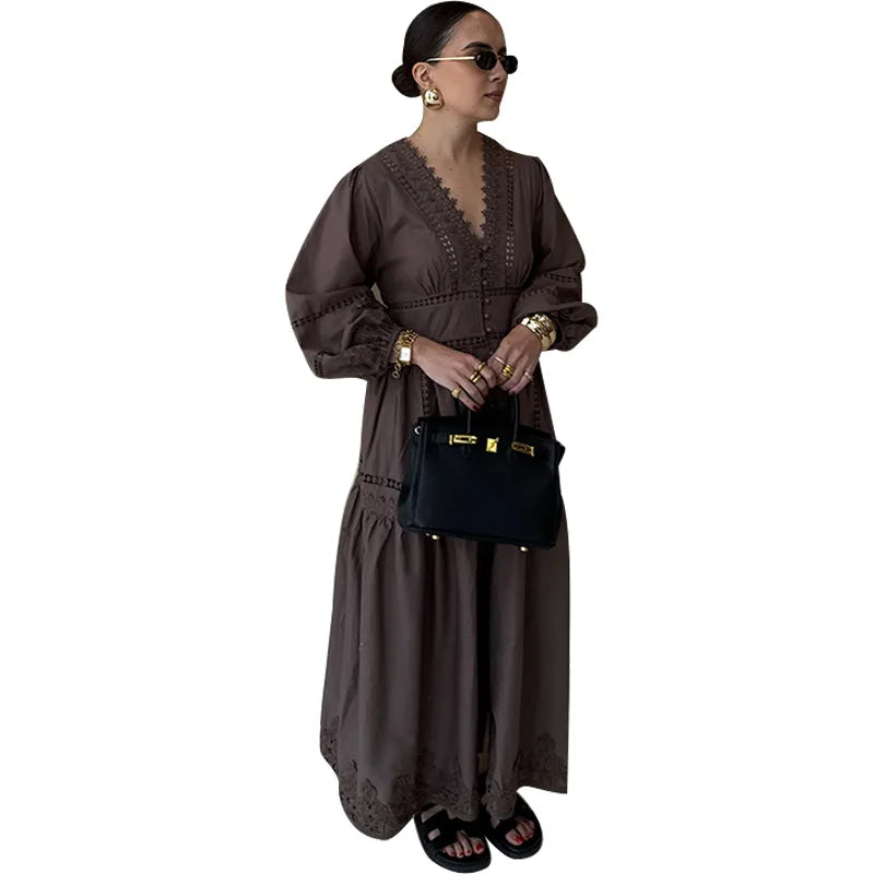 Elegant Hallow Out Long Dress Women Lantern Sleeve Deep V-neck Single Breasted Loose Dresses 2025 Fashion Solid Office Robe Lady